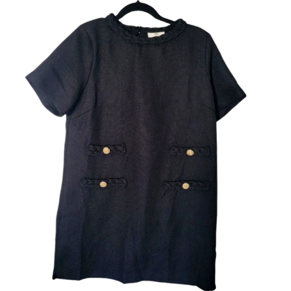 Entro Bohemian Mini Black Dress With Braided Neck And Gold Button Detail. Size M - Picture 4 of 9